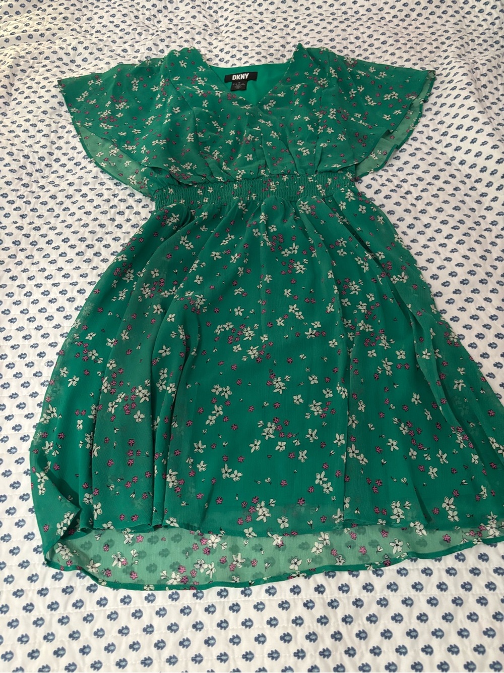 DKNY Women’s-  Emerald Green Floral Flutter-Sleeve Dress